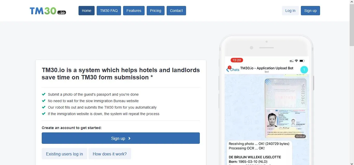 Screenshot of TM30.io homepage, highlighting features to assist hotels and landlords in submitting TM30 forms and displaying a phone interface with an application upload bot.