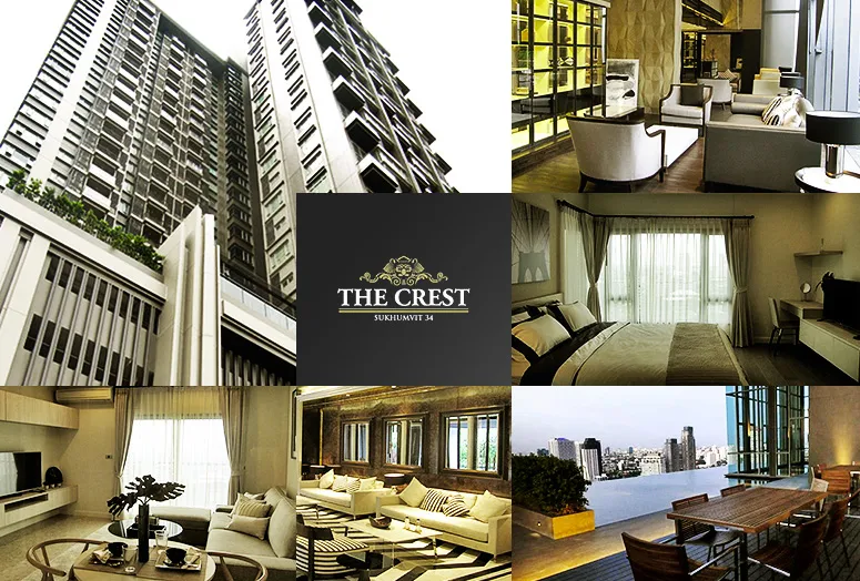 Collage showcasing The Crest Sukhumvit 34, featuring an exterior tower view, modern living rooms, a bedroom, a dining area, and a cityscape from the balcony.