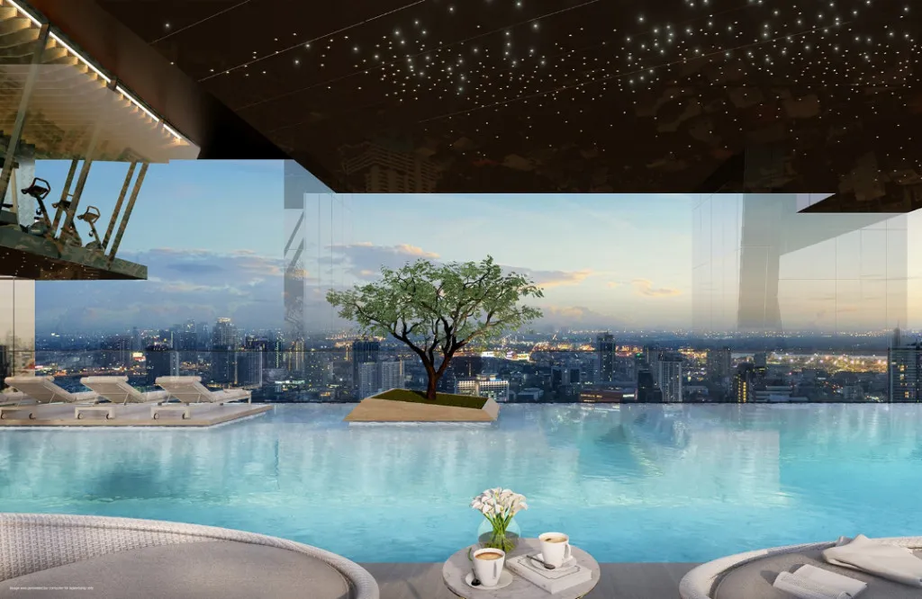 article image - A rooftop infinity pool overlooks a city skyline at sunset. There are lounge chairs, a small tree on an island, and a seating area with coffee cups and flowers. A rooftop infinity pool overlooks a city skyline at sunset. There are lounge chairs, a small tree on an island, and a seating area with coffee cups and flowers.