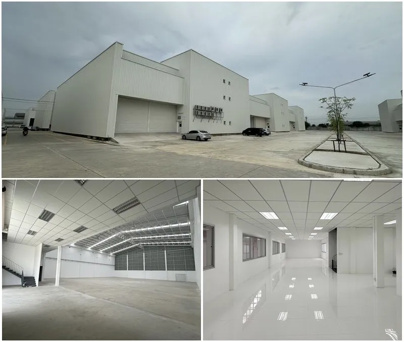 Industrial complex with a large warehouse exterior and views of spacious, well-lit interiors with high ceilings and polished floors.
