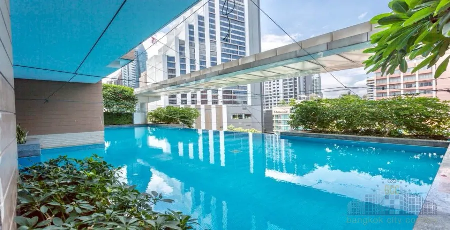 Rooftop infinity pool with city skyline views, surrounded by greenery and modern architecture.
