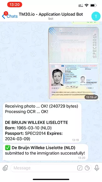 Telegram chat with a passport processing by OCR bot, displaying user details and confirmation of immigration submission.