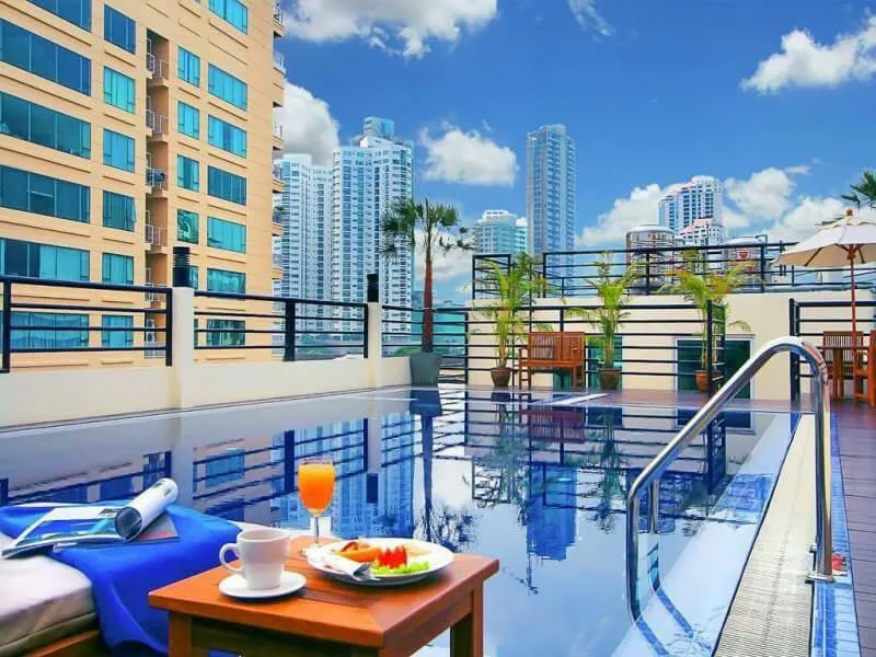 Rooftop pool with city skyscrapers in the background, a table with breakfast items on the side, and clear blue sky above.