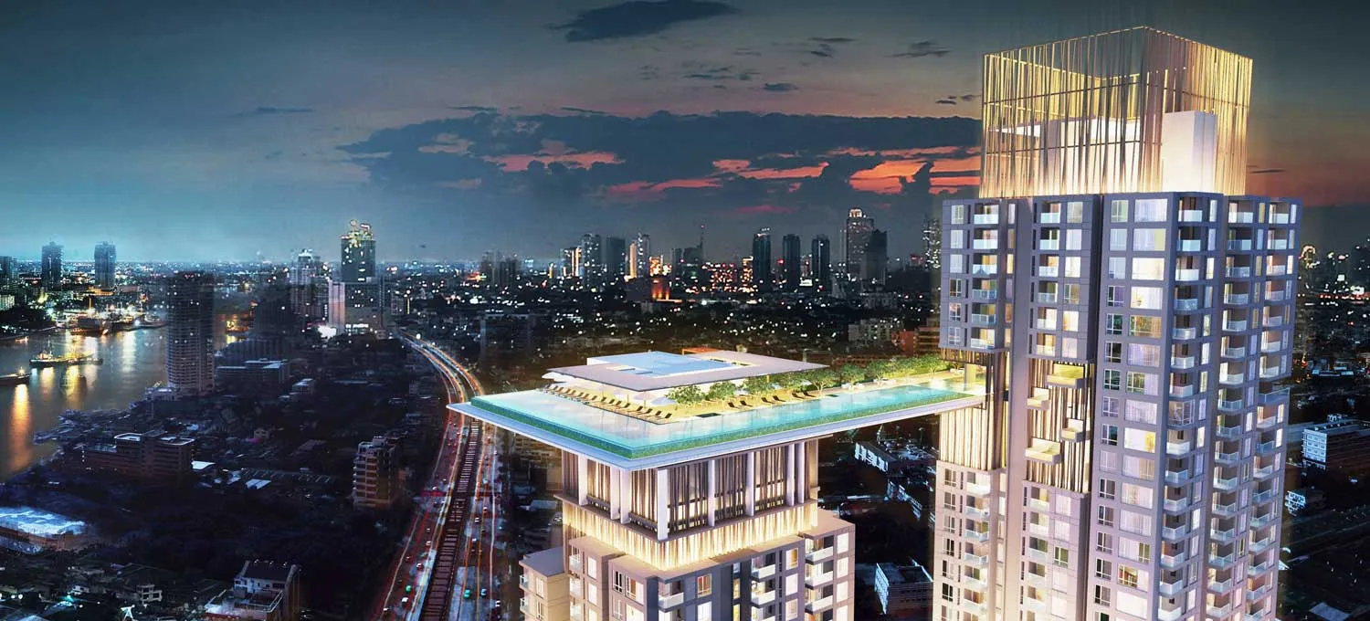 ตึกระฟ้าที่มีสระว่ายน้ำและสวนบนดาดฟ้า มองเห็นทิวทัศน์เมืองยามพลบค่ำ