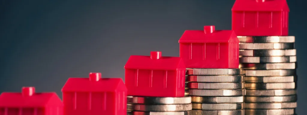 Red houses on stacks of coins increasing in height, symbolizing rising property values.