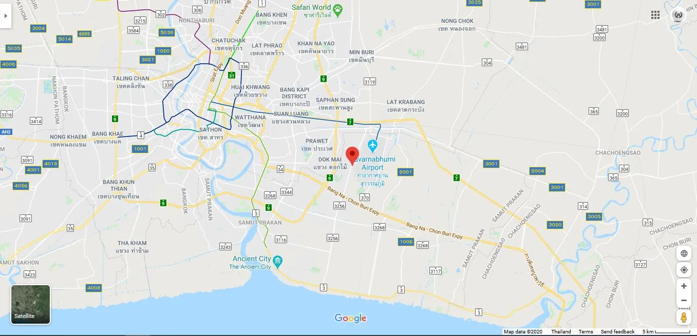 Map showing Bangkok, Thailand, with a marker for Suvarnabhumi Airport. Multiple roads, highways, and city areas are labeled.