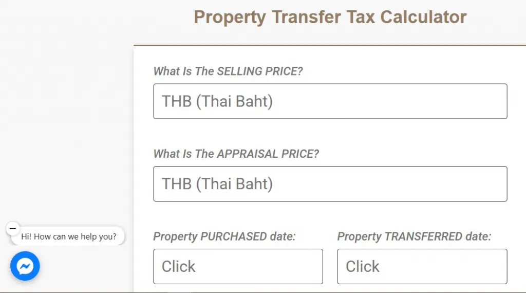Property Transfer Tax Calculator interface with fields for selling price, appraisal price in Thai Baht, and clickable fields for purchase and transfer dates.