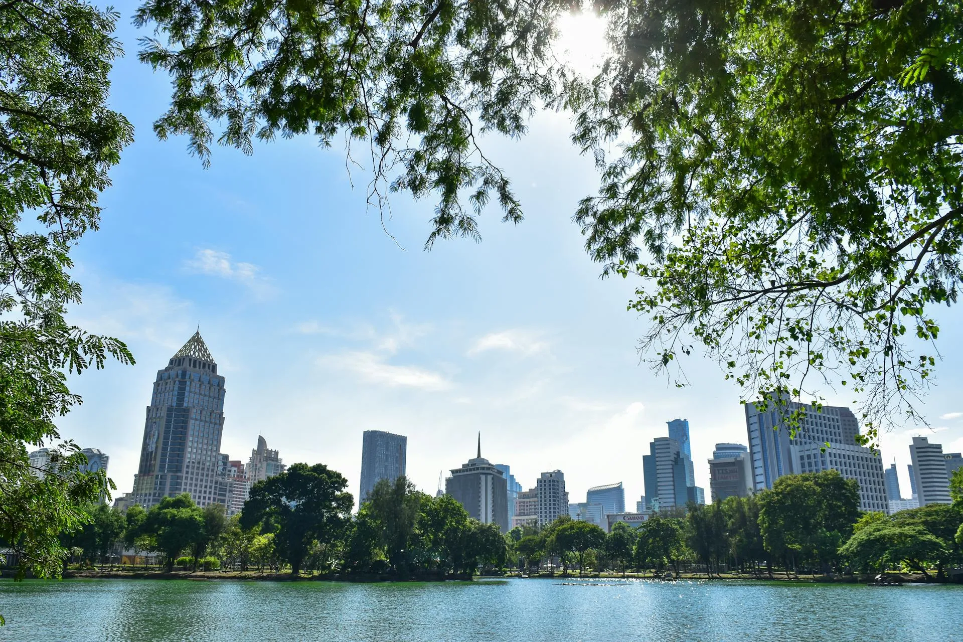 Skyline view of a city with tall buildings framed by tree branches, reflected in a calm lake beneath a clear blue sky.