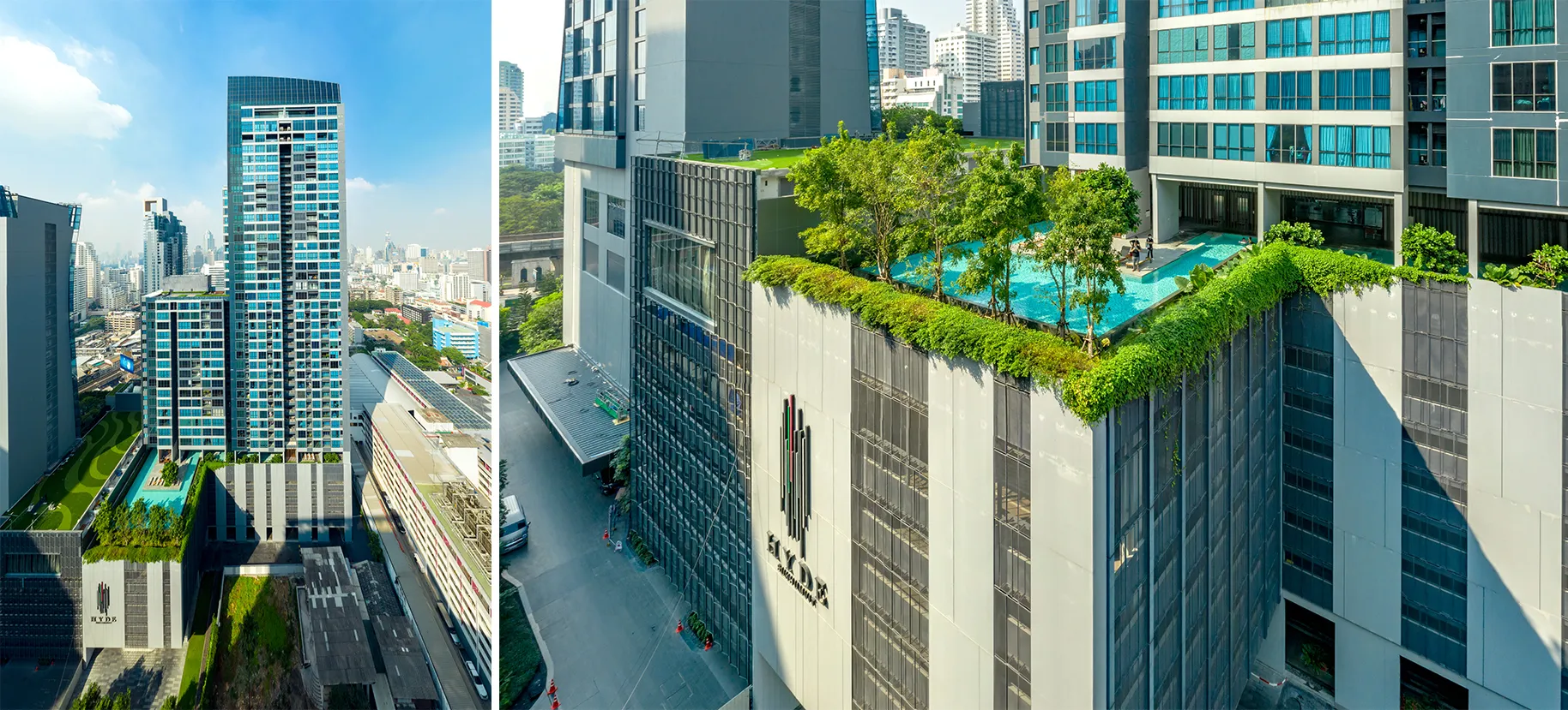 ภาพทิวทัศน์เมืองที่มีตึกระฟ้าทันสมัย ​​พร้อมสวนบนดาดฟ้าและสระว่ายน้ำ