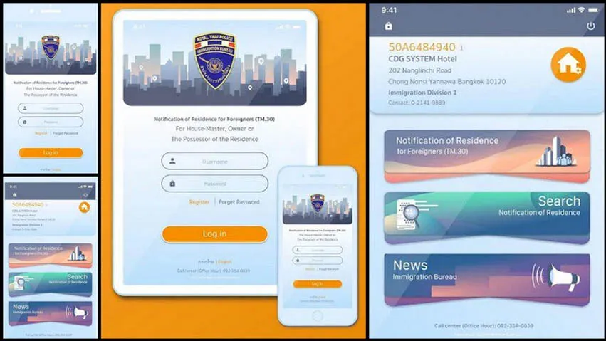 Thai Police Immigration Bureau TM.30 notification app login and menu screens are displayed on a tablet and smartphone against an orange background, showing options for logging in and navigating.