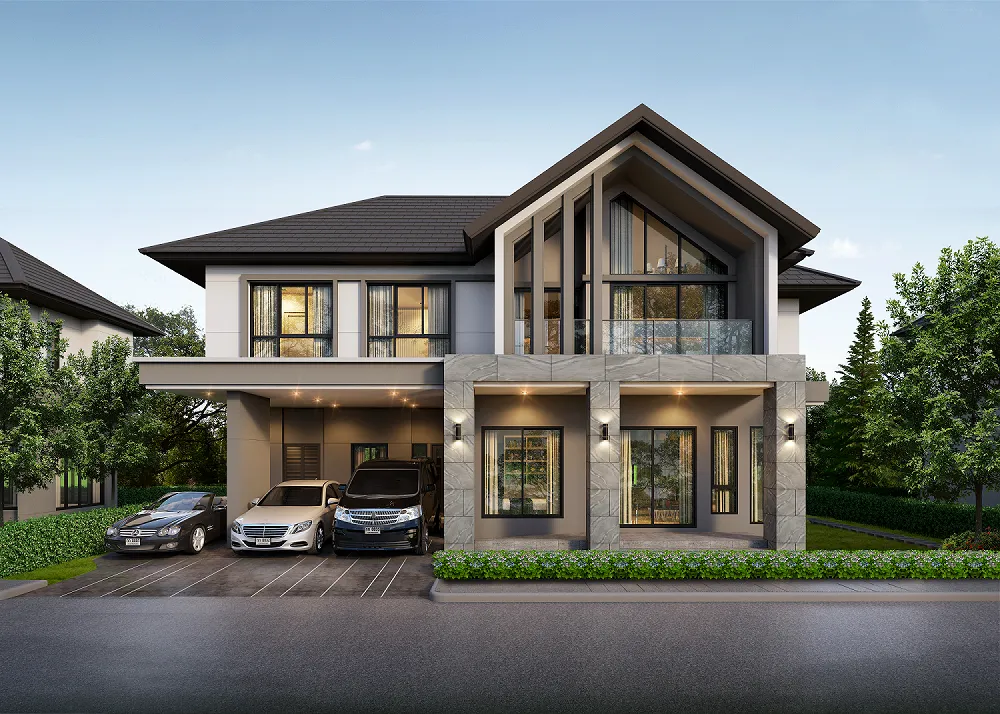 Modern two-story house with large windows, a balcony, three cars parked in front, and surrounded by greenery.