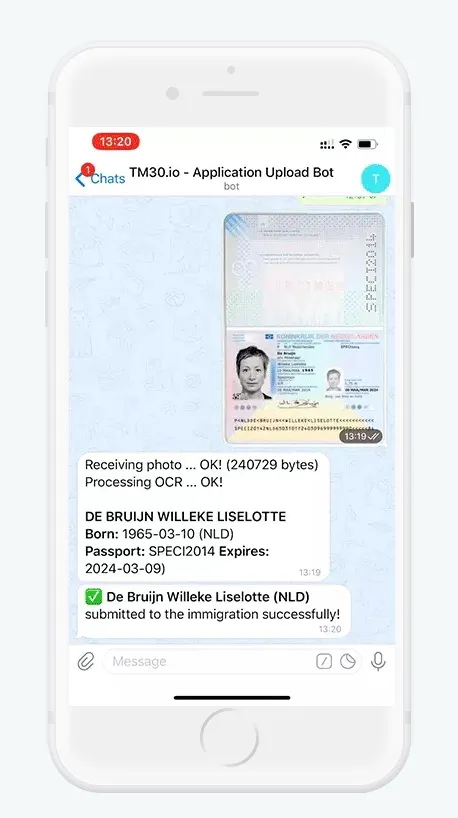 Mobile phone showing a chat with an image of a passport and a successful submission message for immigration.