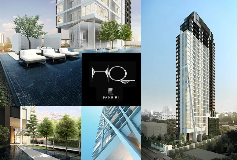 Collage of a modern high-rise residential building, poolside lounge area, trees, and exterior design elements, with "HQ Sansiri" logo at the center.