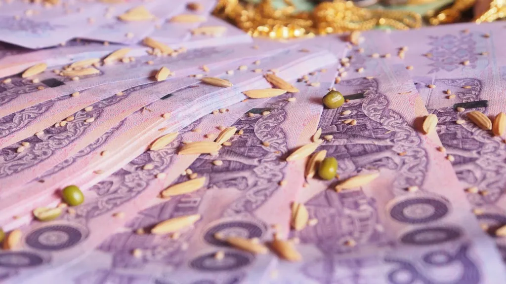Purple currency notes scattered with grains and seeds.