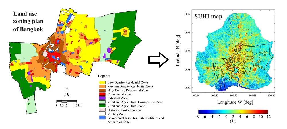 Land use zoning plan and SUHI map of Bangkok, showing various zones with corresponding color legends and temperature variations.