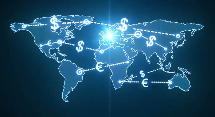 World map with glowing currency symbols and dotted lines indicating financial connections.