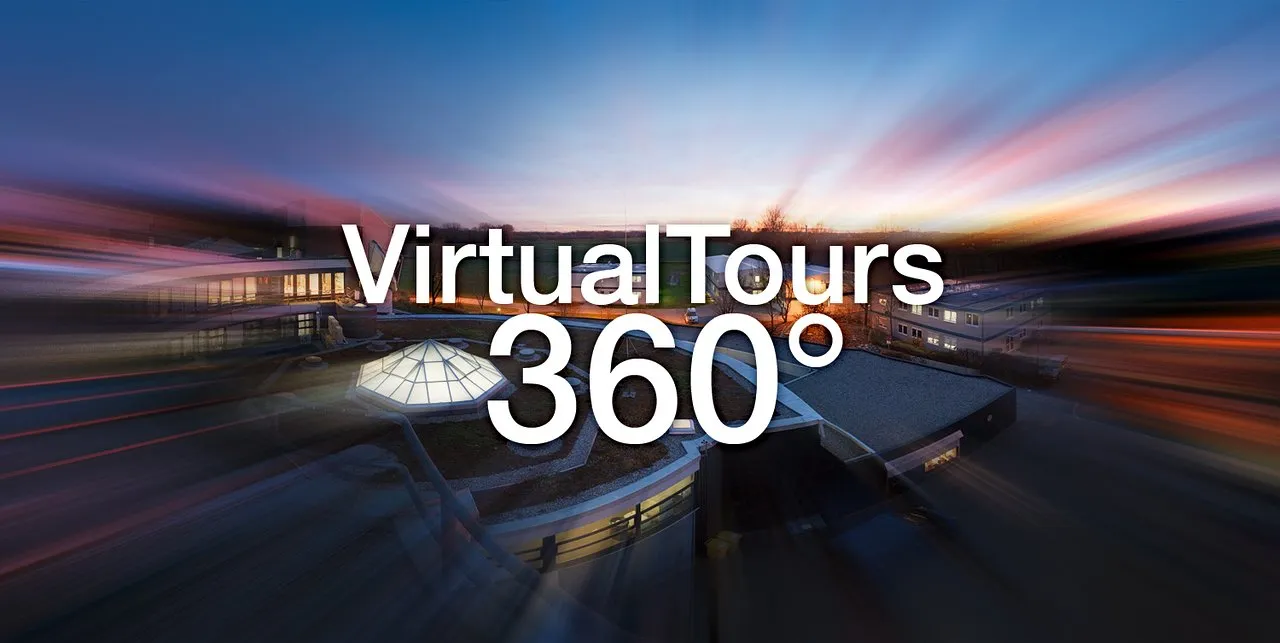 Virtual Tours 360° text over blurred aerial view of buildings at sunset.
