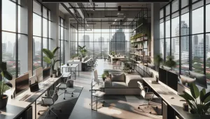 Modern open office with large windows, greenery, desks, and a cityscape view.