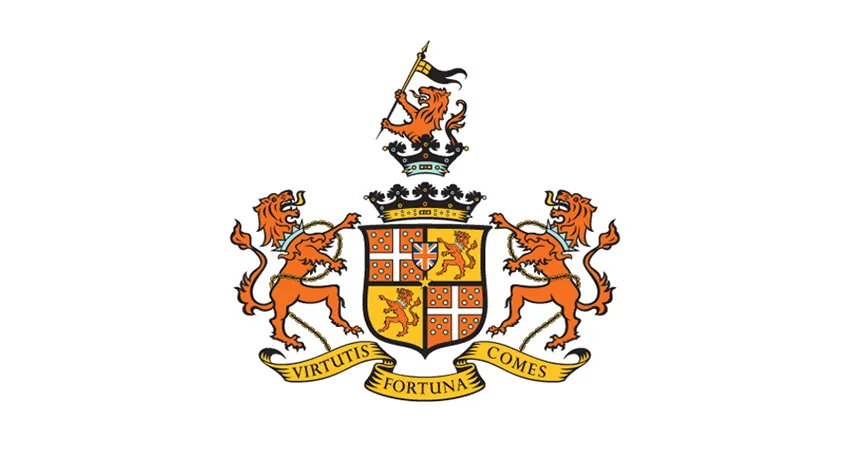 page image - Coat of arms with shield, three lions, and banner reading Coat of arms with shield, three lions, and banner reading