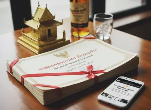 Certificate stack tied with ribbons, a gold Thai temple model, a glass and bottle on a table, next to a smartphone showing Thai Airways' website.