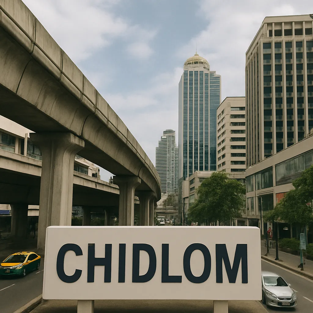 Skytrain tracks and tall buildings near Chidlom Station in an urban area.