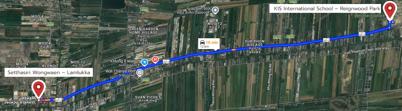 Map showing a route from Setthasiri Wongwaen–Lamlukka to KIS International School–Reignwood Park. The 12 km drive takes 18 minutes.