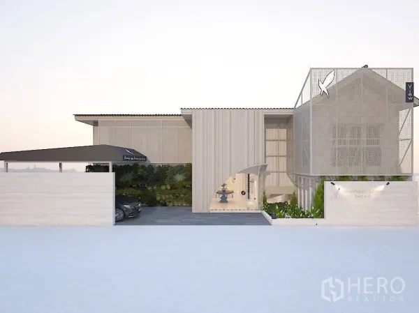 带办公室的家 出租在Bangkok - 现代独栋建筑正立面效果图，带雨棚车位与拱形入口。