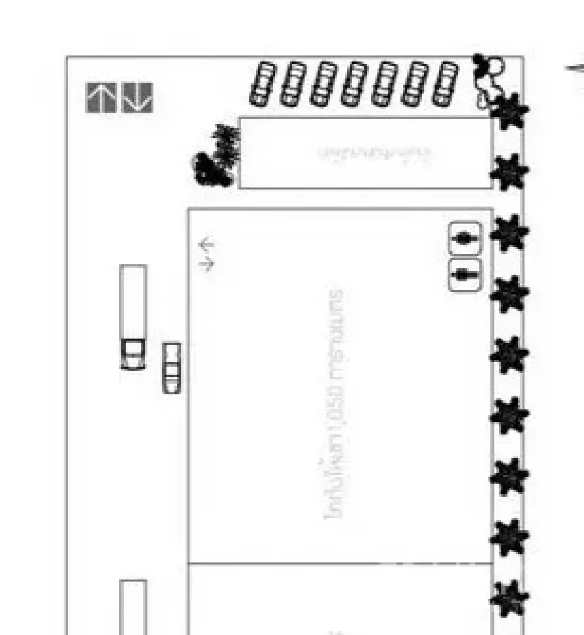 คลังสินค้า ให้เช่าในLat Krabang, Bangkok - ผังไซต์โกดังในลาดกระบัง แสดงตัวอาคาร ช่องจอดรถ และทางรถบรรทุกตามแนวเขต