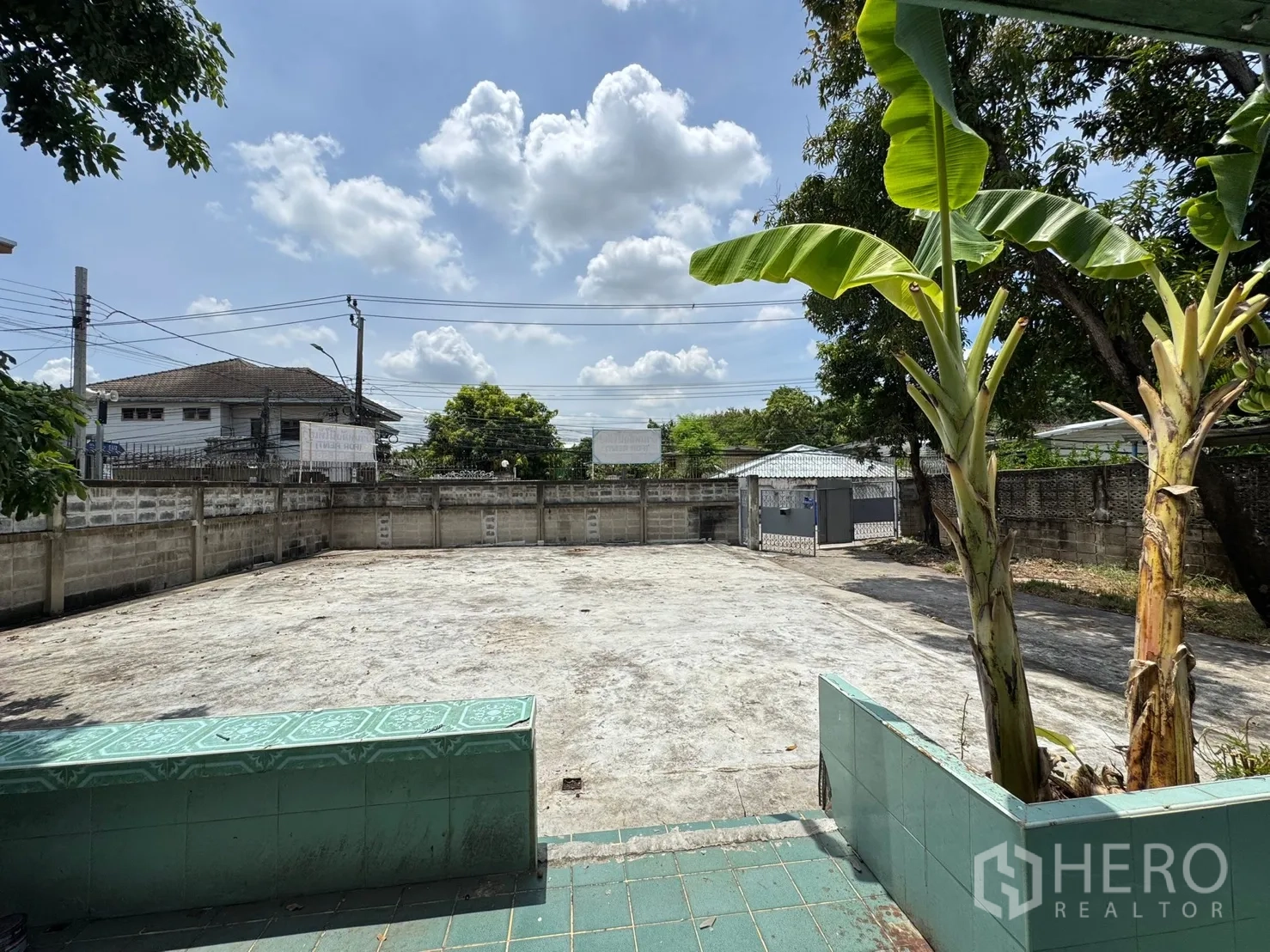 Detached House for rent in Mueang Samut Prakan, Samut Prakan - Spacious walled yard with concrete surface, green tiles and banana trees under a blue sky.
