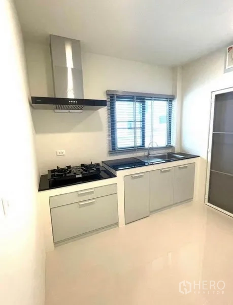 Detached House for rent - Modern kitchen with gas hob, range hood, double sink and window lighting the workspace.