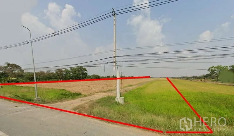 Land for sale in Pathum Thani - Frontage and dirt access of the large farmland parcel marked in red beside the main road.