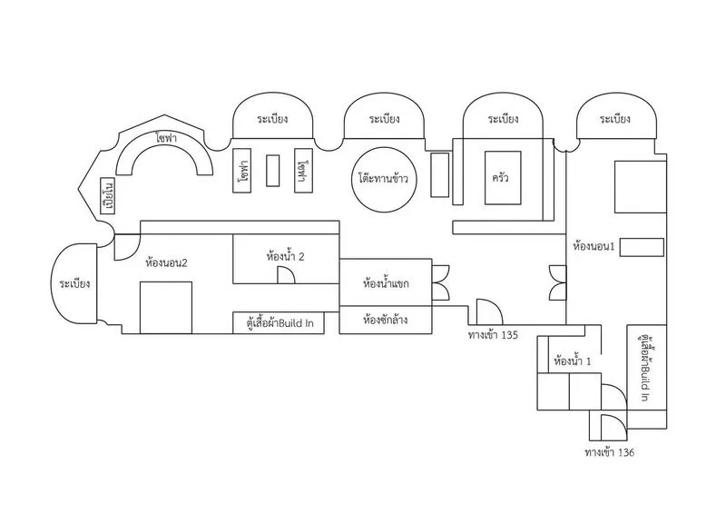 Condominium for rent in Bang Rak, Bangkok - Floor plan of the 2-bedroom condominium showing multiple balconies, kitchen, and living areas.