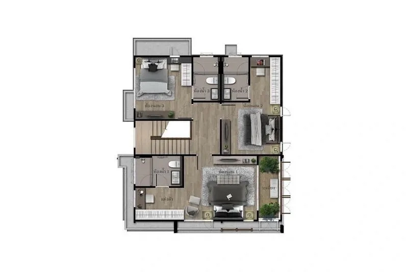 บ้าน ขายในBang Kapi, Bangkok - ผังชั้นบน แสดง 3 ห้องนอน ห้องน้ำ และระเบียง