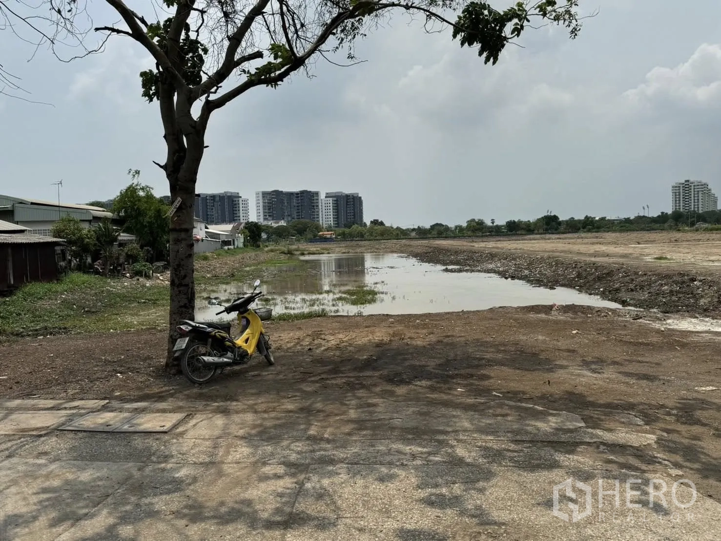 Land for sale in Bang Phli, Samut Prakan - Roadside area with a tree and motorbike next to the water feature and vacant land.