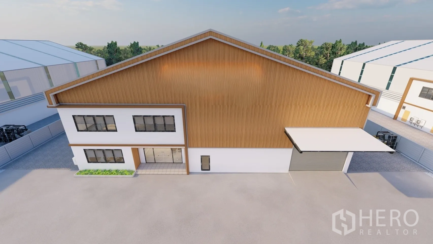 Factory for rent or sale in Lam Luk Ka, Pathum Thani - Front exterior of modern factory with wood-clad gable, two-storey office, and loading bay.