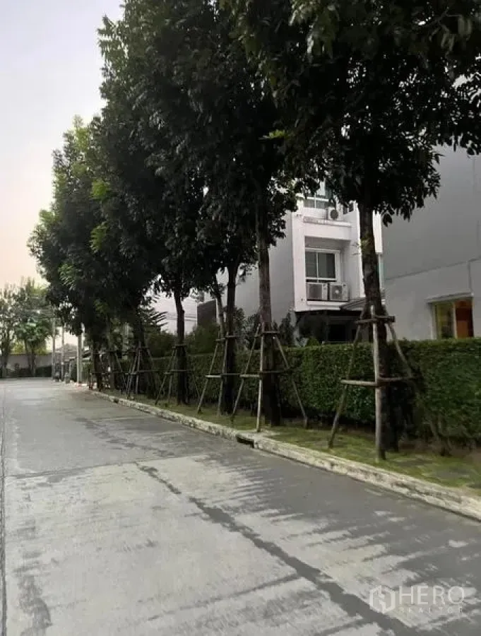 Townhouse for rent or sale in Bueng Kum, Bangkok - Tree-lined residential street with modern townhouse facades in Bueng Kum, Bangkok.