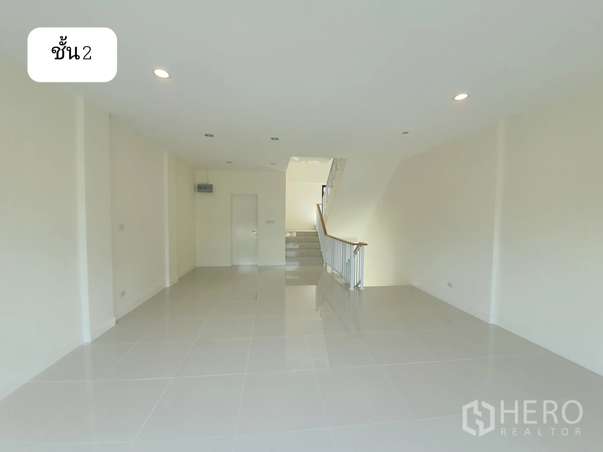 Home Office for rent or sale in Prawet, Bangkok - Second-floor open room with recessed lights and stairway, ideal for office setup.