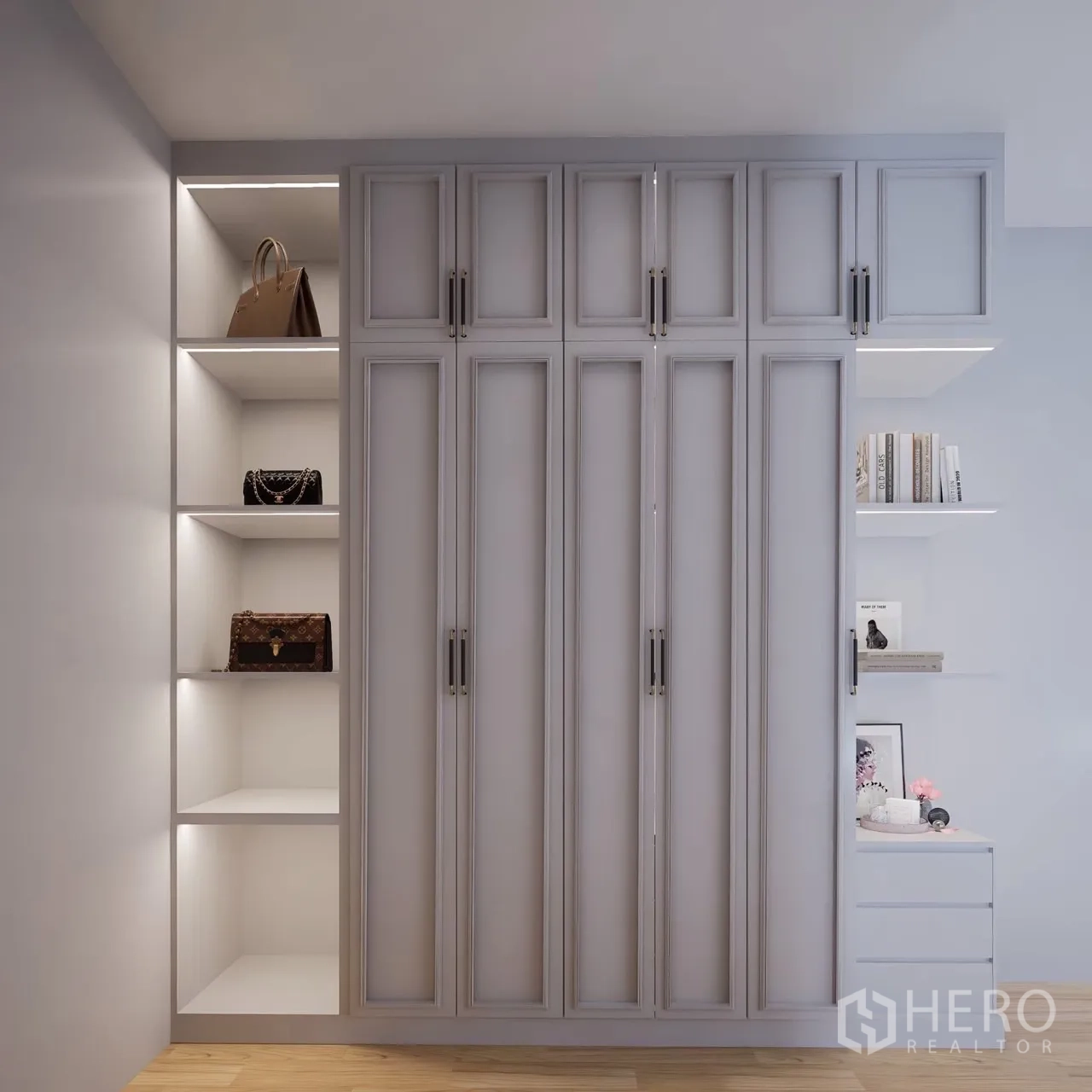 独立式住宅 出租在Bang Phli, Samut Prakan - 定制衣柜，开放展示层可放包与书籍。