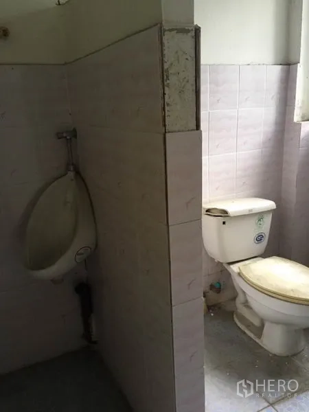 อาคารพาณิชย์ ให้เช่าในKhlong Toei, Bangkok - ห้องน้ำมีโถปัสสาวะและชักโครก ผนังกระเบื้องสีชมพูอ่อน