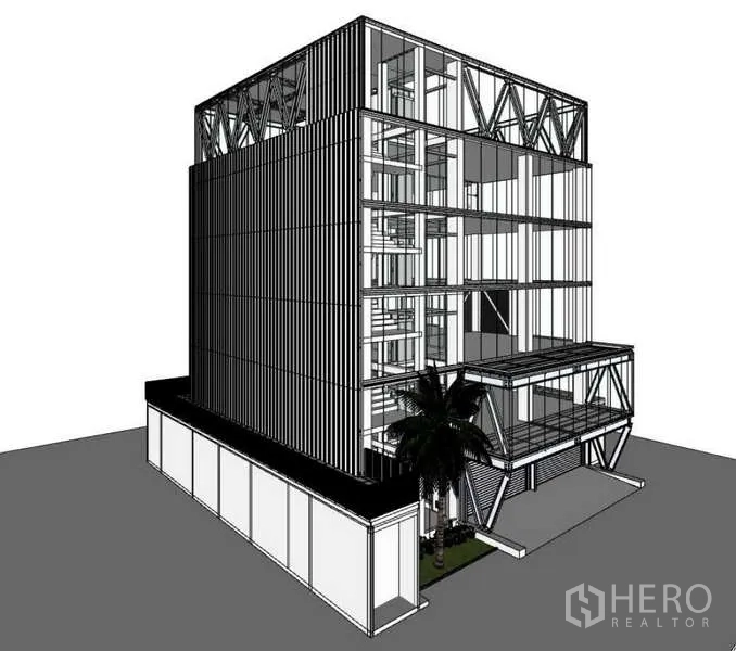 办公空间 出租或出售在Suan Luang, Bangkok - 办公楼建筑效果图：玻璃立面、外挑结构与屋顶桁架。