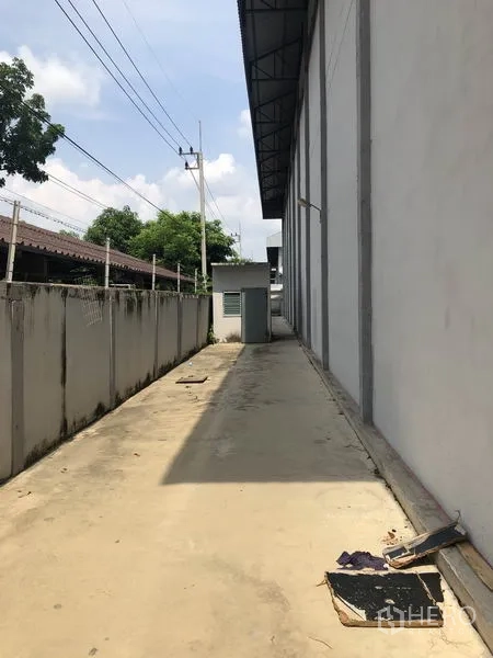 โรงงาน ให้เช่าในLam Luk Ka, Pathum Thani - ทางเดินบริการแคบข้างอาคาร พร้อมกำแพงรั้วและตู้ยูทิลิตี้