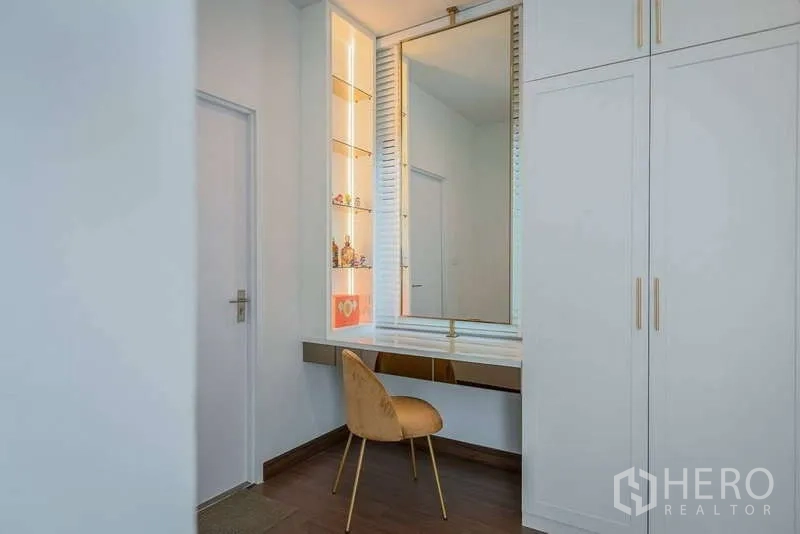 Detached House for rent in Bang Phli, Samut Prakan - Walk-in dressing area with illuminated shelving, vanity and white wardrobes.