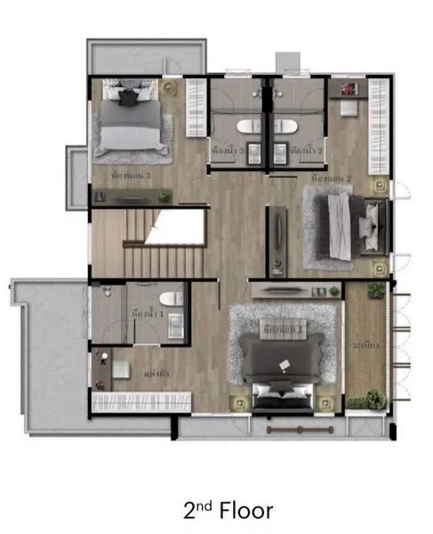 独立式住宅 出售在Bang Kapi, Bangkok - 华马克 Bang Kapi 区四卧独栋别墅二层平面图，展示卧室、浴室与阳台布局。