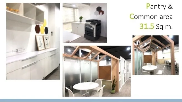 สำนักงาน ให้เช่าในWatthana, Bangkok - โซนแพนทรีและส่วนกลาง มีตู้เก็บของสีขาว มุมเครื่องถ่ายเอกสาร โต๊ะกลม และฉากกระจกฝ้า