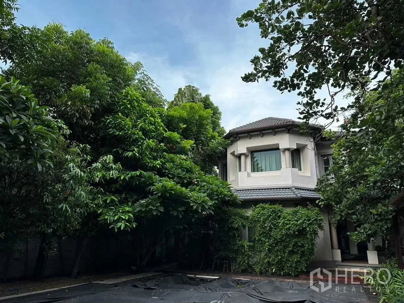 Detached House for sale in Bang Khun Thian, Bangkok - Rear facade wrapped by lush trees with an open courtyard area.