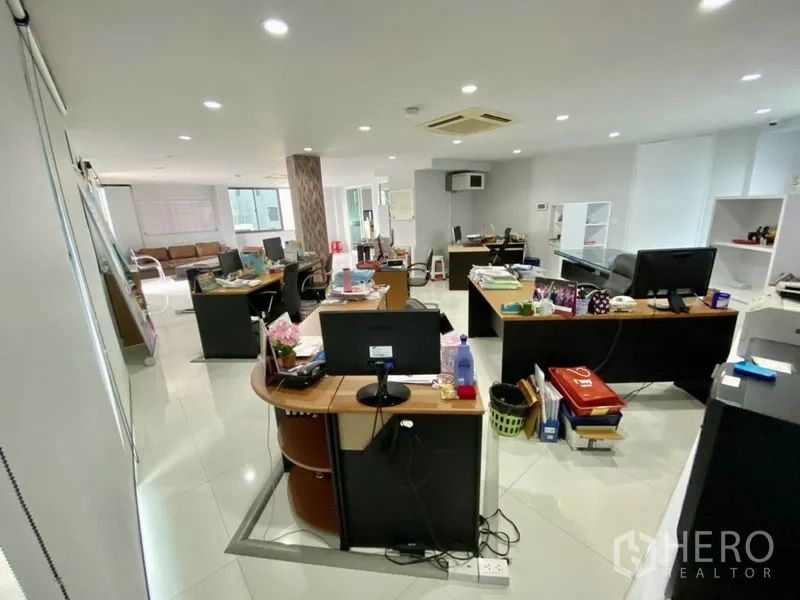 Home Office for rent or sale in Yan Nawa, Bangkok - Large office area with multiple desks, recessed lighting, and air-conditioning units.