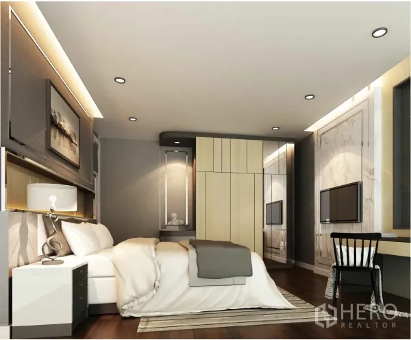 Detached House for rent in Bang Kapi, Bangkok - Cozy bedroom with built-in wardrobes, wall-mounted TV and warm wood flooring.