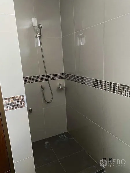 Home Office for rent or sale in Bang Phli, Samut Prakan - Tiled walk-in shower with handheld shower set and mosaic border.