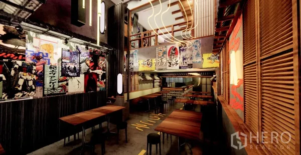 店屋 出租在Watthana, Bangkok - 长形用餐大厅渲染，墙面海报、波浪灯带与夹层座位。