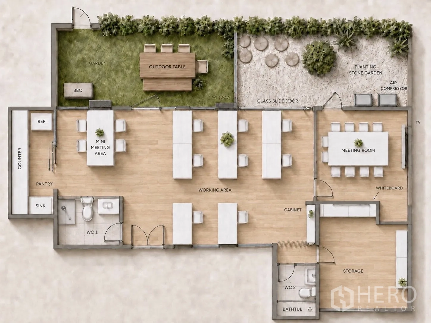 Office Space for rent in Phaya Thai, Bangkok - Floor plan showing garden, open workspace, meeting room, pantry and two WCs.